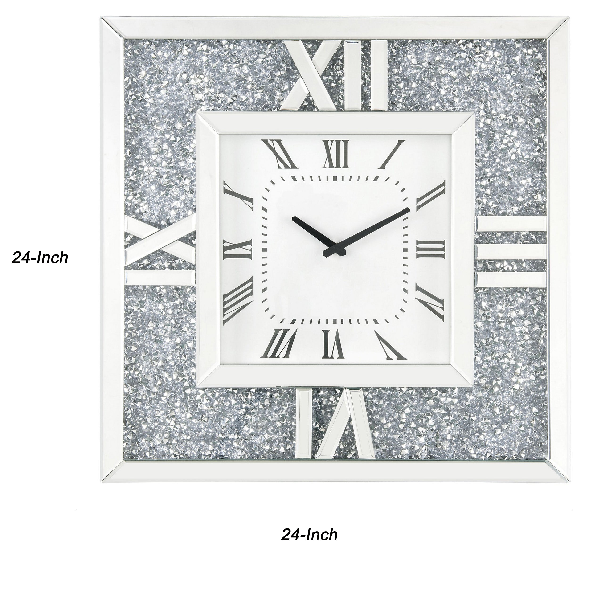 Square Mirror Panel Frame Wall Clock With Faux Diamond Silver-zoom-5