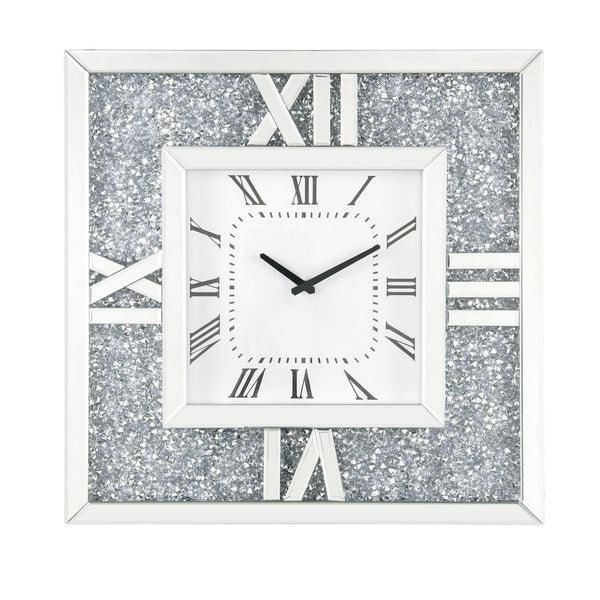 Square Mirror Panel Frame Wall Clock With Faux Diamond Silver