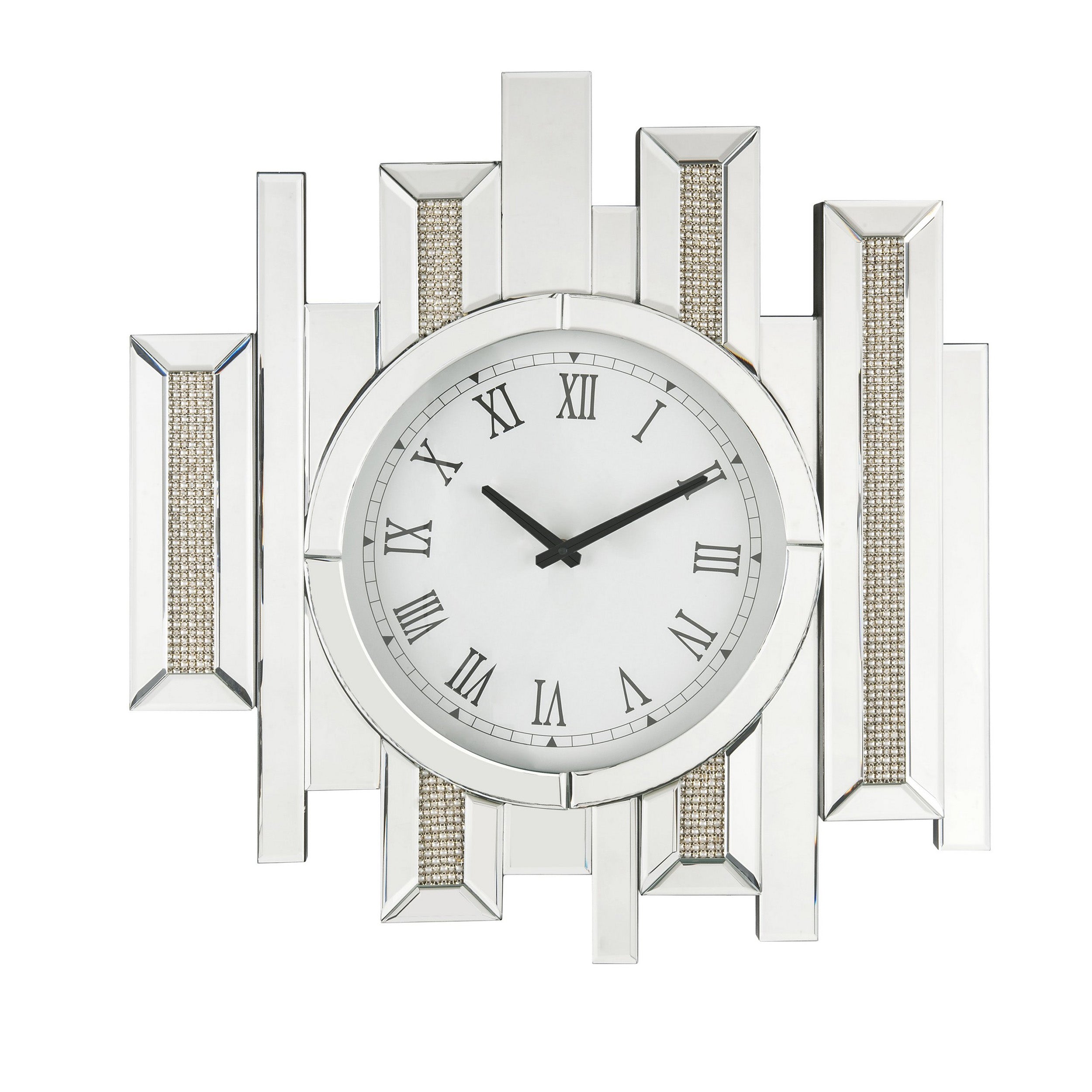 Irregular Mirror Panel Frame Wall Clock With Faux Diamond Inlay Silver