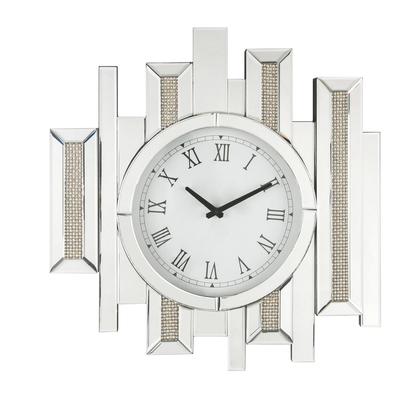 Irregular Mirror Panel Frame Wall Clock With Faux Diamond Inlay Silver