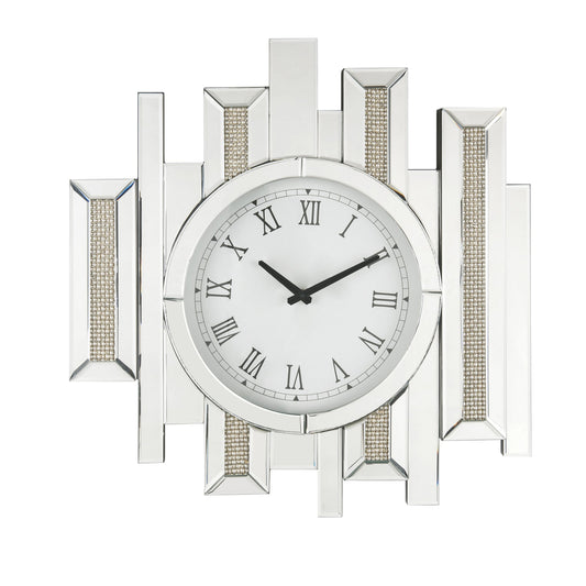 Irregular Mirror Panel Frame Wall Clock With Faux Diamond Inlay Silver