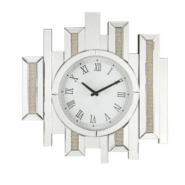 Irregular Mirror Panel Frame Wall Clock With Faux Diamond Inlay Silver