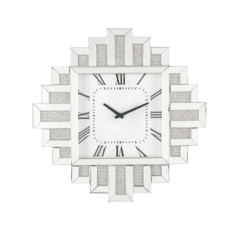 Irregular Mirror Frame Wall Clock With Crushed Faux Diamond Inlay Silver-zoom-