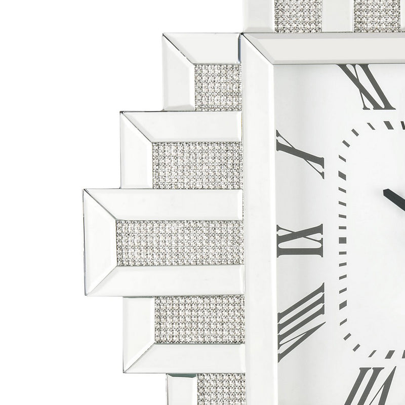 Irregular Mirror Frame Wall Clock With Crushed Faux Diamond Inlay Silver-zoom-