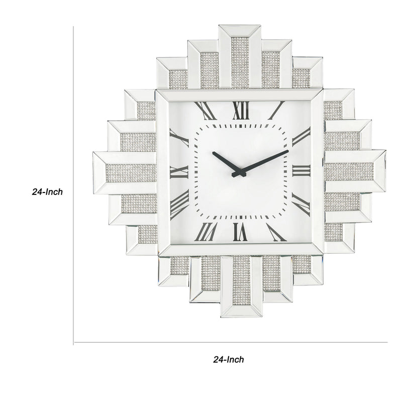 Irregular Mirror Frame Wall Clock With Crushed Faux Diamond Inlay Silver-zoom-
