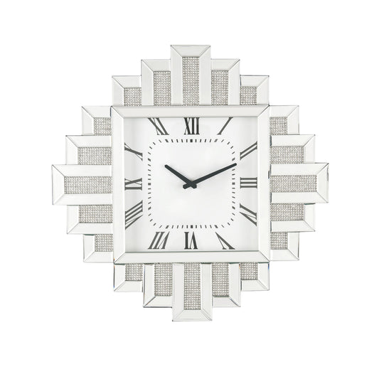 Irregular Mirror Frame Wall Clock With Crushed Faux Diamond Inlay Silver