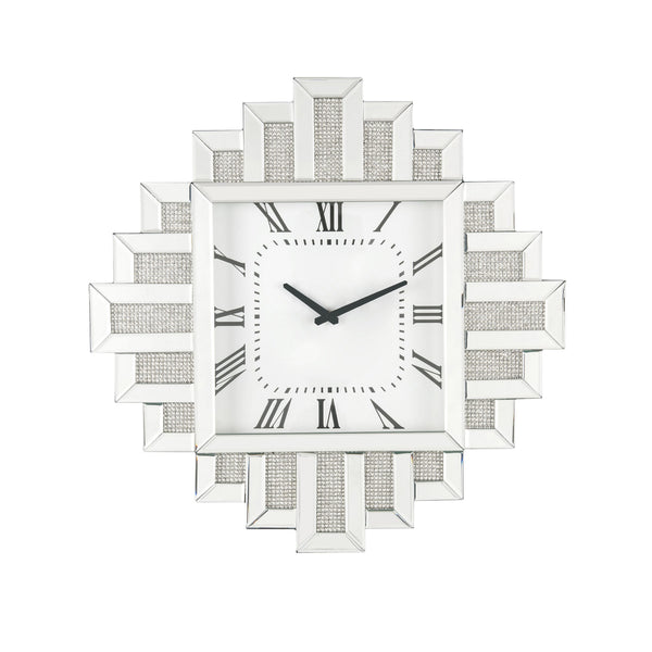 Irregular Mirror Frame Wall Clock With Crushed Faux Diamond Inlay Silver