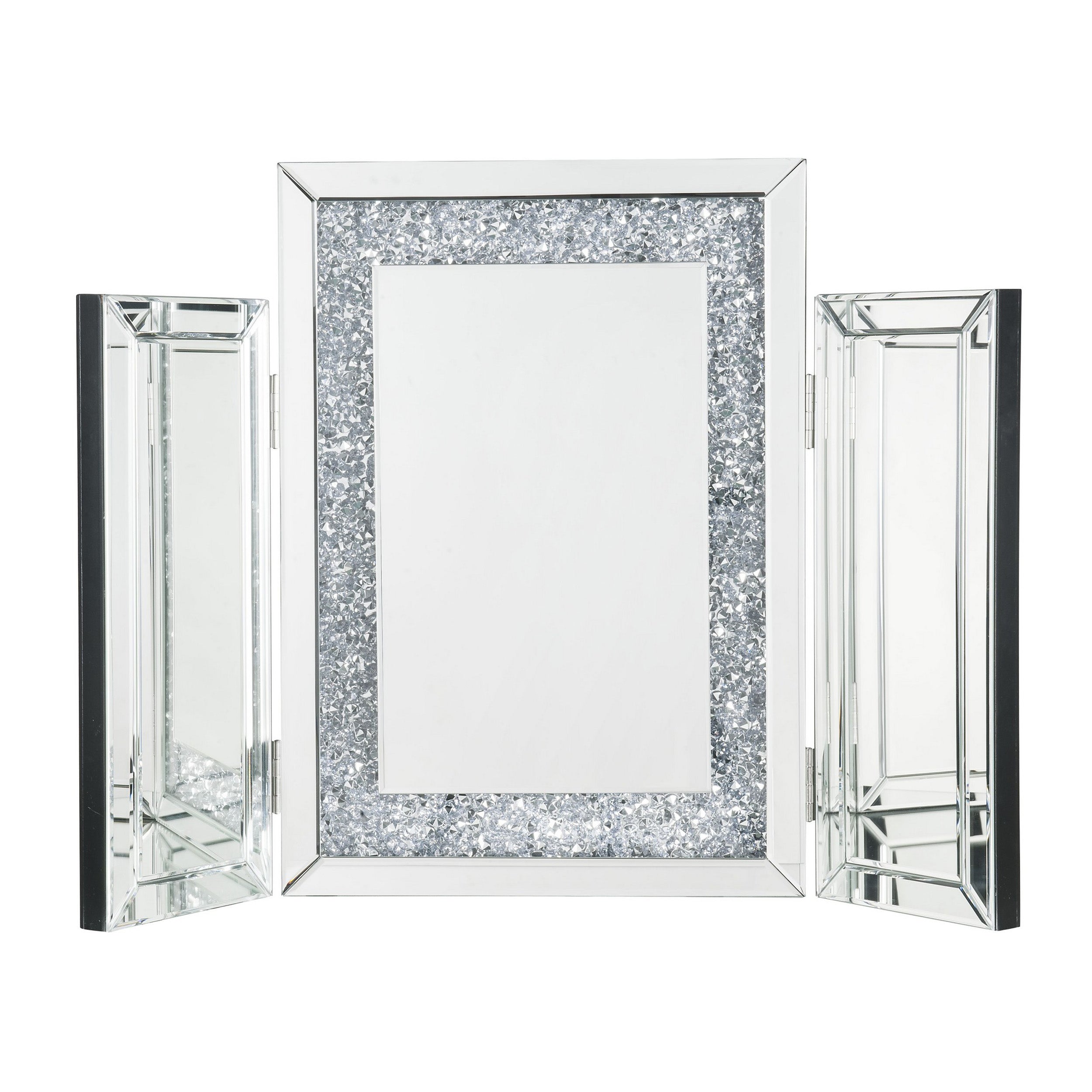 Tri Fold Mirror Panel Frame Accent Decor With Faux Diamond Silver-zoom-1