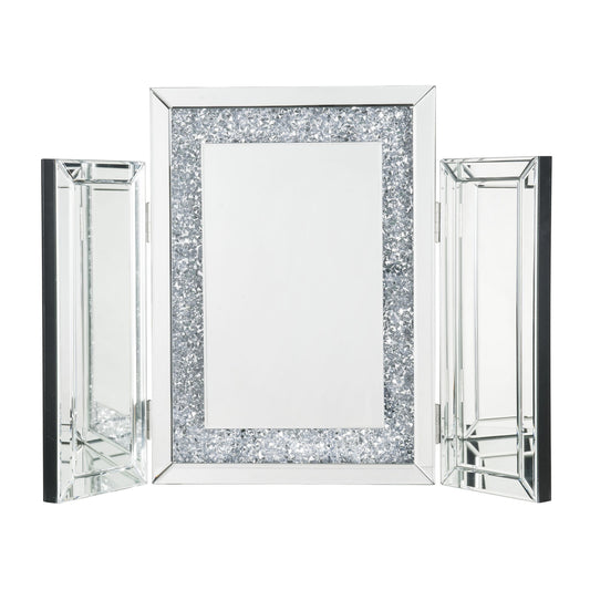 Tri Fold Mirror Panel Frame Accent Decor With Faux Diamond Silver