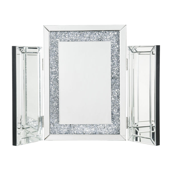 Tri Fold Mirror Panel Frame Accent Decor With Faux Diamond Silver