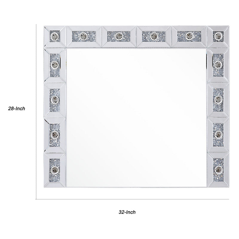 Mirror Panel Frame Wall Decor With Light Function And Faux Diamond Silver-zoom-