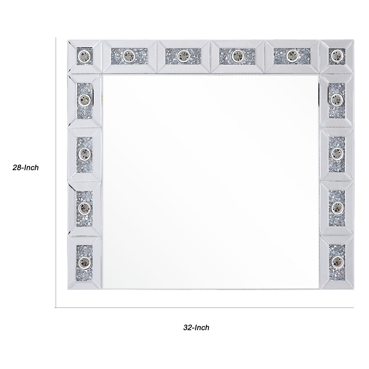 Mirror Panel Frame Wall Decor With Light Function And Faux Diamond Silver