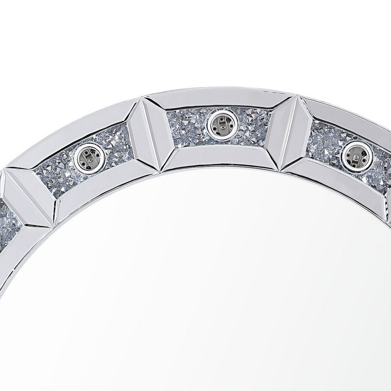 Round Mirror Panel Wall Decor With Light Function And Faux Diamond Silver-zoom-