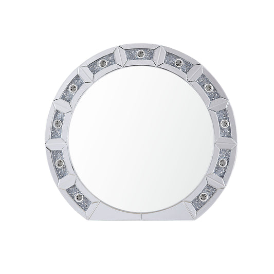 Round Mirror Panel Wall Decor With Light Function And Faux Diamond Silver