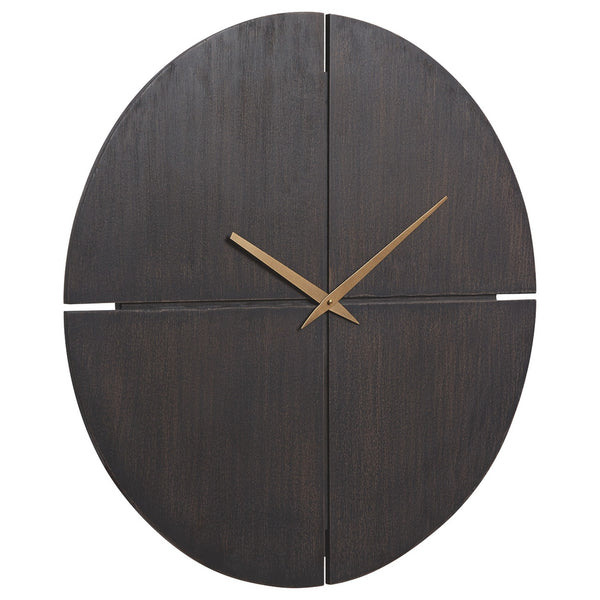 Round Wall Clock With Wooden Backing And Cut Out Design Brown And Gold