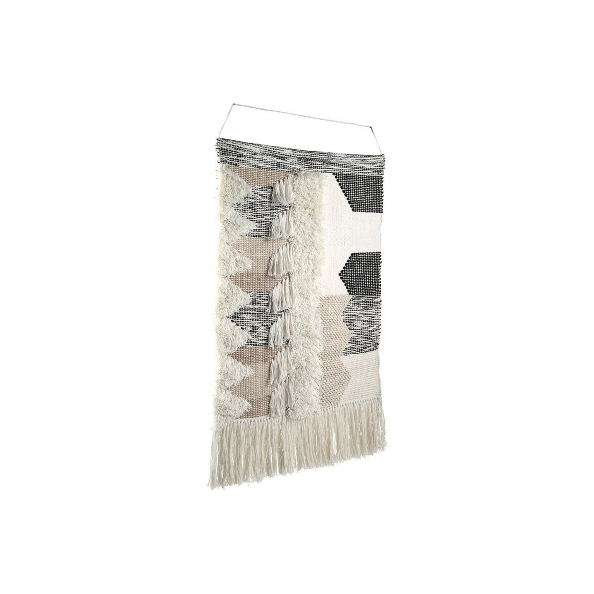 Fabric Wall Decor With Fringes And Geometric Pattern Black And White-zoom-1