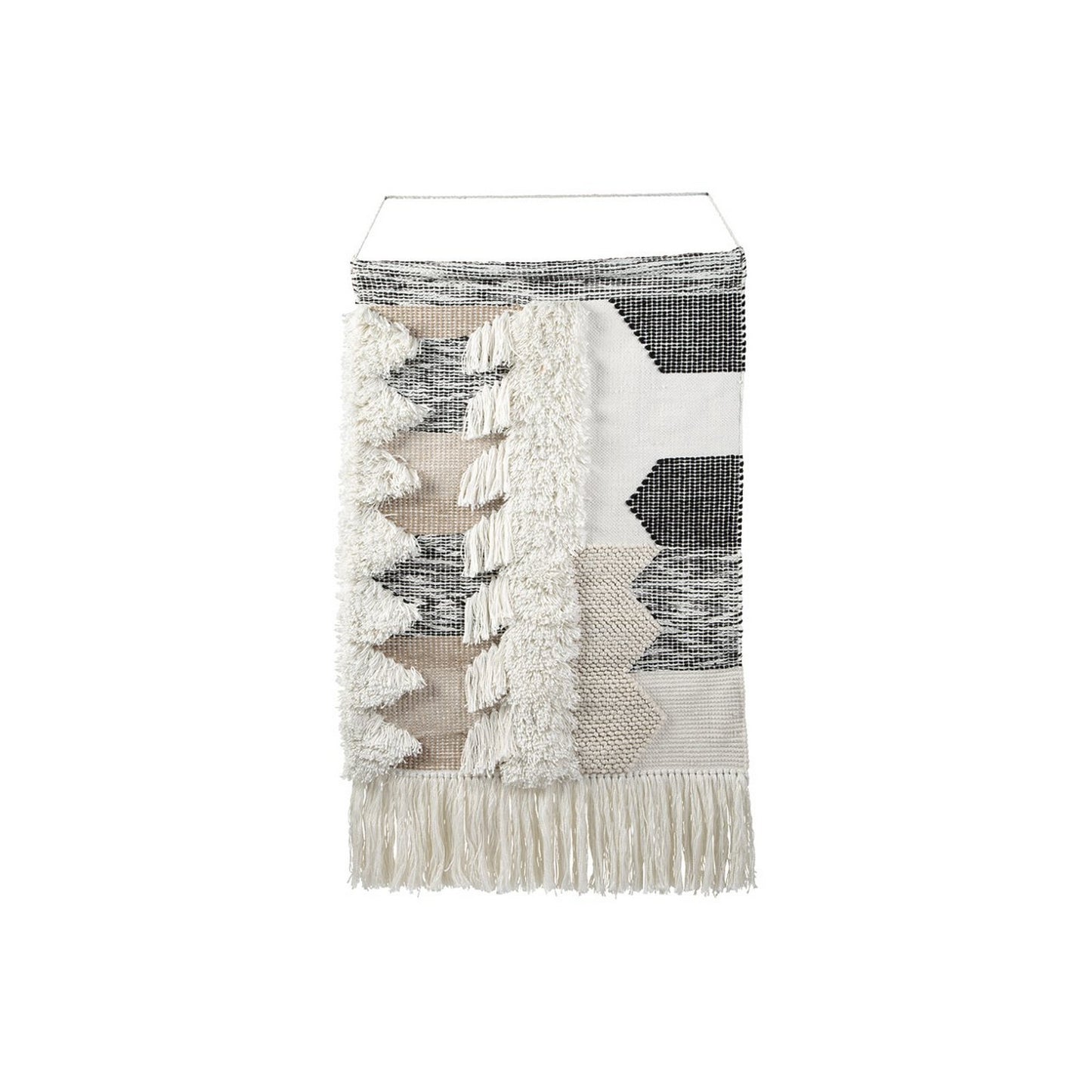 Fabric Wall Decor With Fringes And Geometric Pattern Black And White