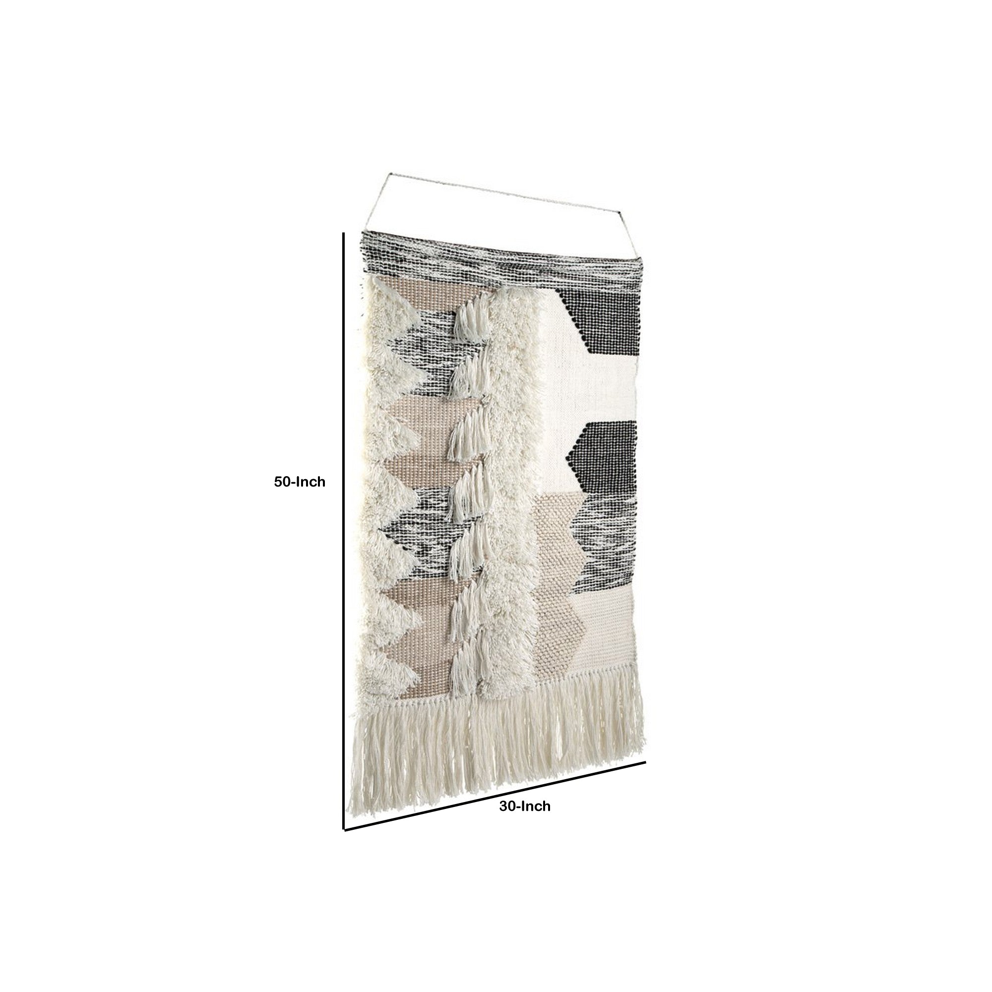 Fabric Wall Decor With Fringes And Geometric Pattern Black And White-zoom-5