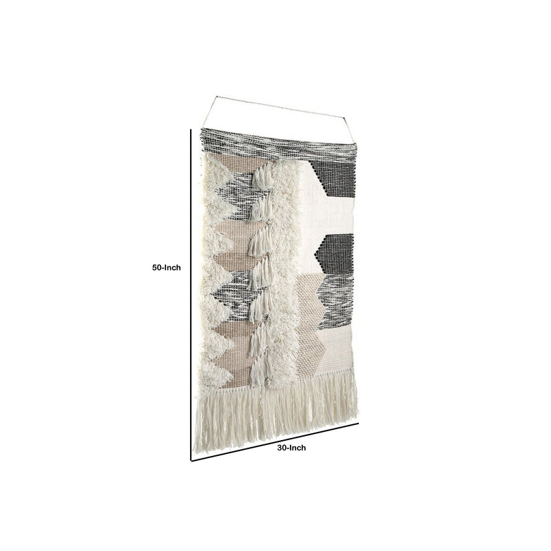Fabric Wall Decor With Fringes And Geometric Pattern Black And White-zoom-