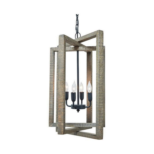 Intersected Wooden Frame Pendant Light With Metal Support Gray And Black