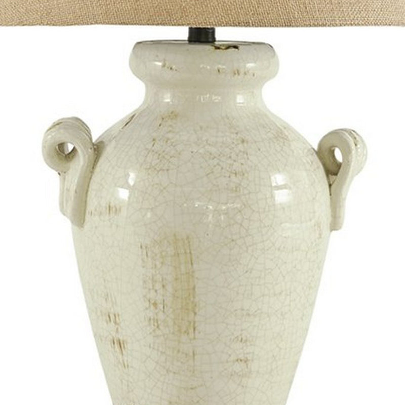 Ceramic Table Lamp with Vase Shaped Body and Fabric Shade White and Beige-zoom-