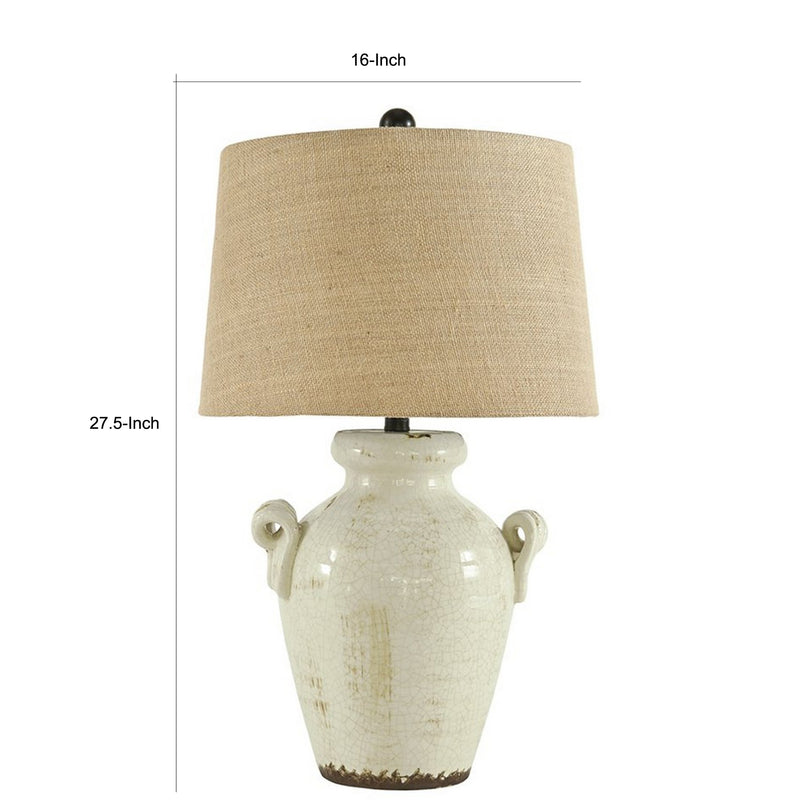 Ceramic Table Lamp with Vase Shaped Body and Fabric Shade White and Beige-zoom-