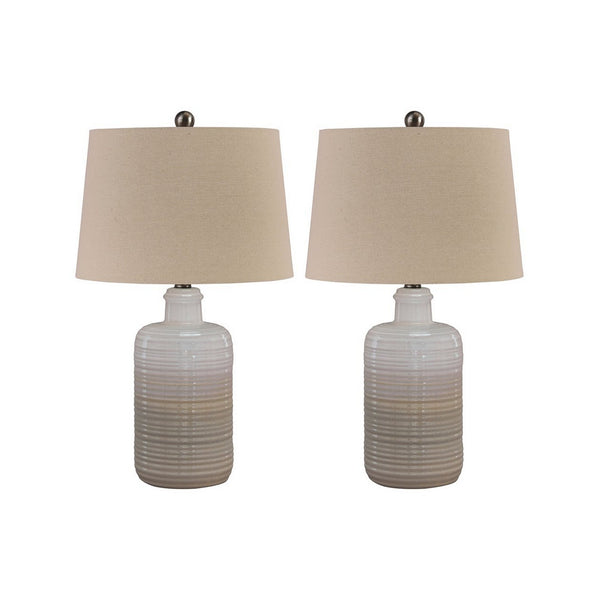 Ceramic Body Table Lamp with Brushed Details Set of 2 Beige and White