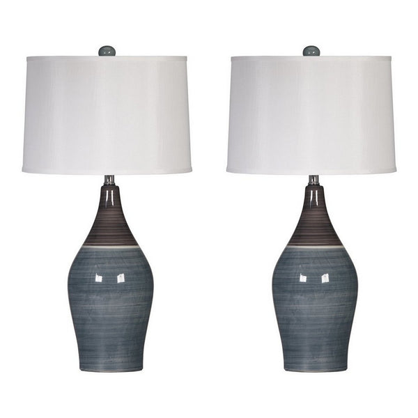Pot Bellied Ceramic Table Lamp with Brushed Details Set of 2 Gray and White