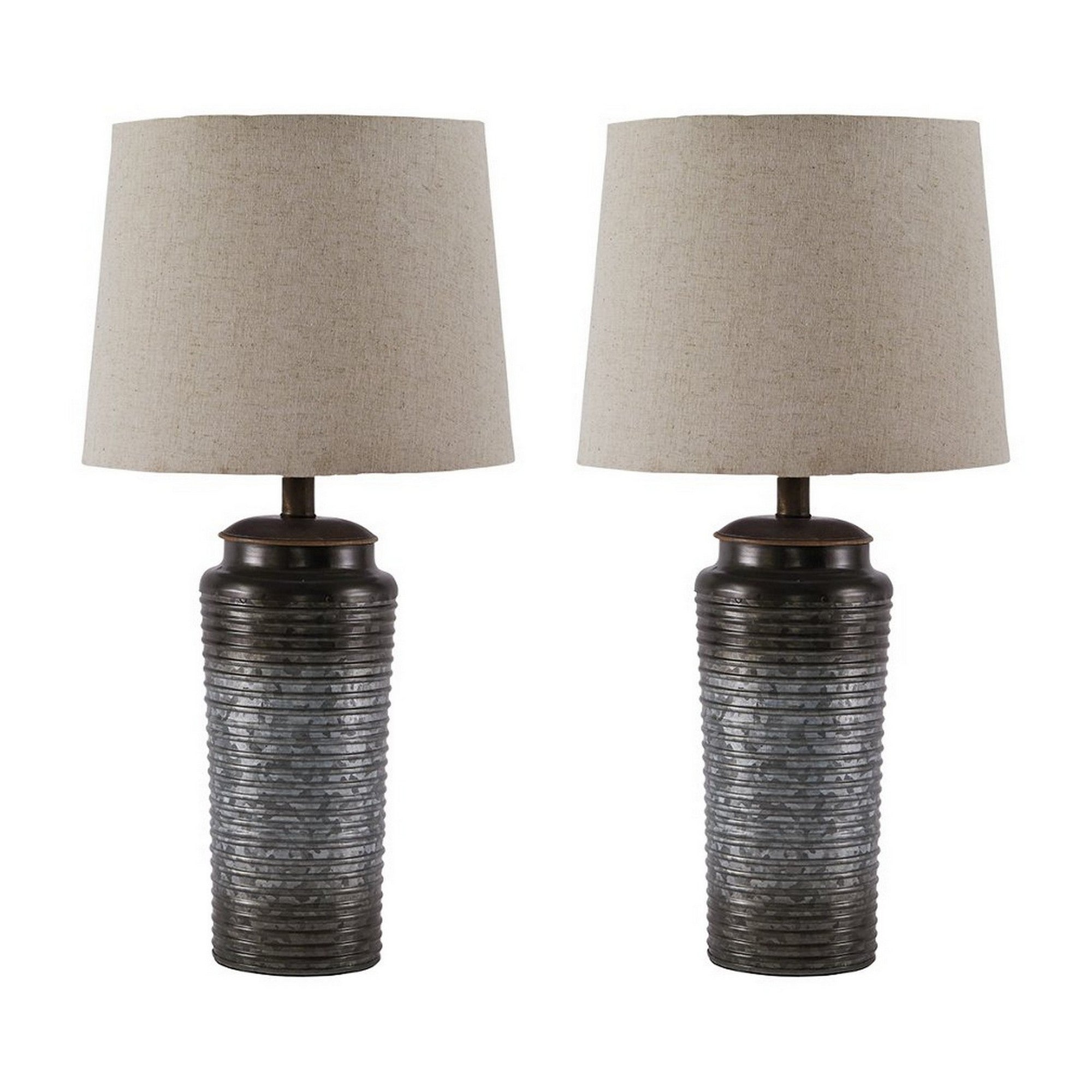 Ribbed Design Metal Body Table Lamp with Tapered Fabric Shade Set of 2 Gray-zoom-1
