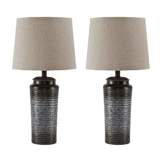 Ribbed Design Metal Body Table Lamp with Tapered Fabric Shade Set of 2 Gray