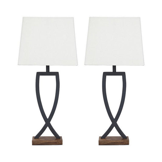 Criss Cross Metal Table Lamp with Fabric Shade Set of 2 Gray and White
