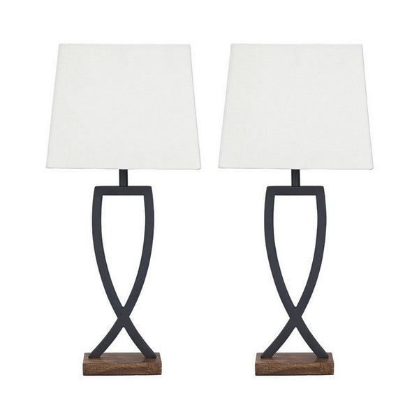 Criss Cross Metal Table Lamp with Fabric Shade Set of 2 Gray and White
