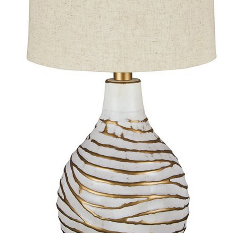 Pot Bellied Metal Table Lamp with Textured Golden Embellishment White-zoom-