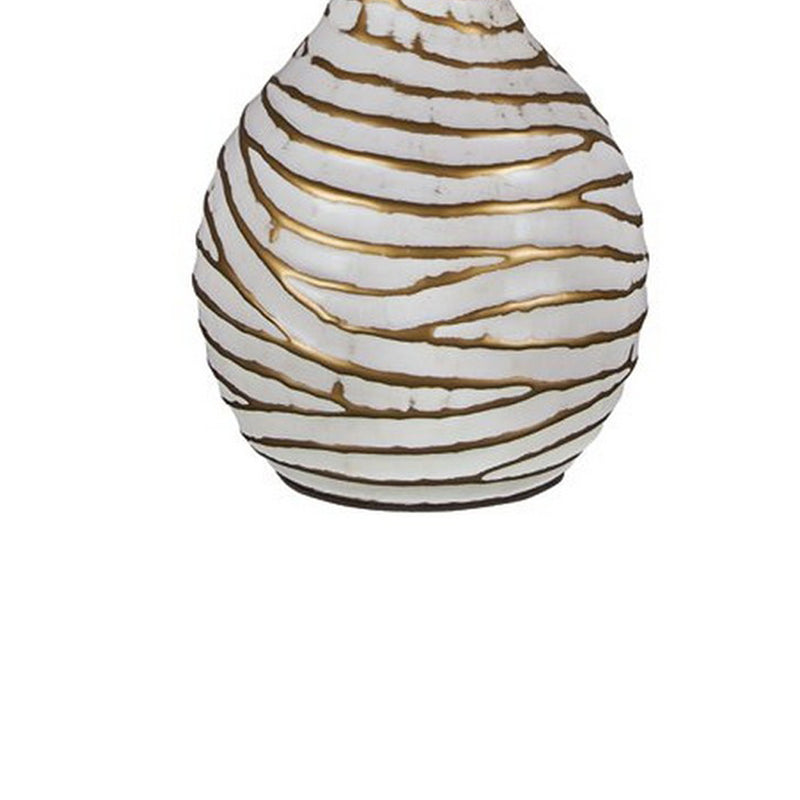 Pot Bellied Metal Table Lamp with Textured Golden Embellishment White-zoom-