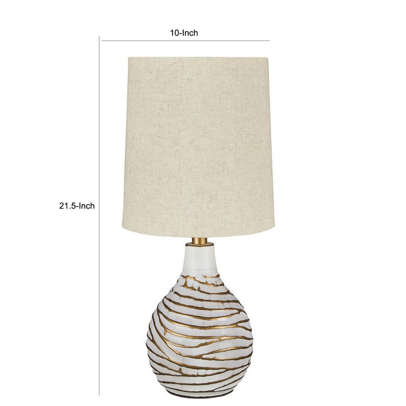 Pot Bellied Metal Table Lamp with Textured Golden Embellishment White-zoom-