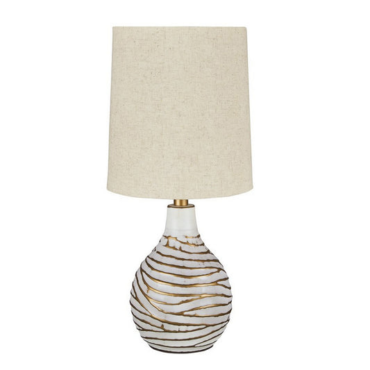 Pot Bellied Metal Table Lamp with Textured Golden Embellishment White