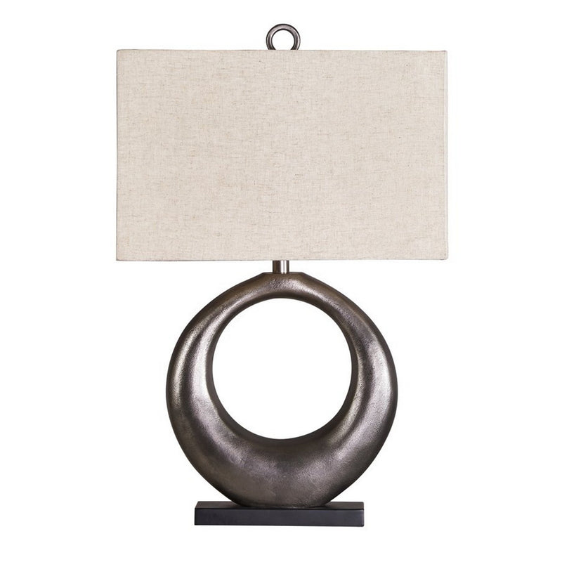 Metal Table Lamp with Center Cutout and Fabric Shade Off White and Black-zoom-