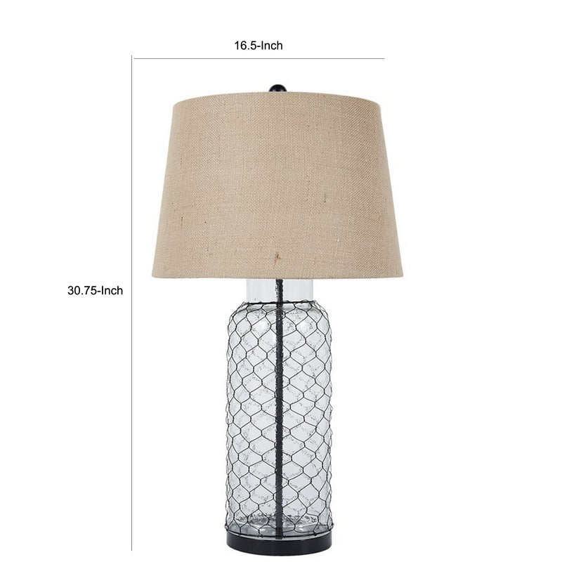 Woven Wire Wrapped Glass Base Table Lamp with Fabric Shade Beige-zoom-