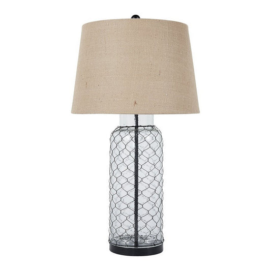 Woven Wire Wrapped Glass Base Table Lamp with Fabric Shade Beige