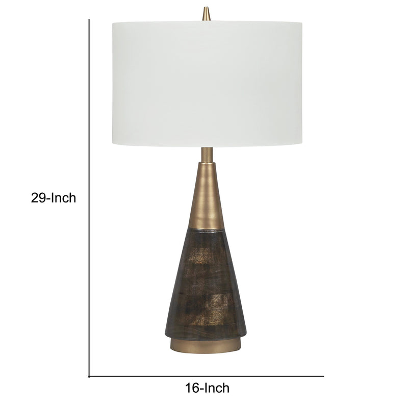 Wood and Metal Conical Base Table Lamp with Fabric Shade Brass and White-zoom-