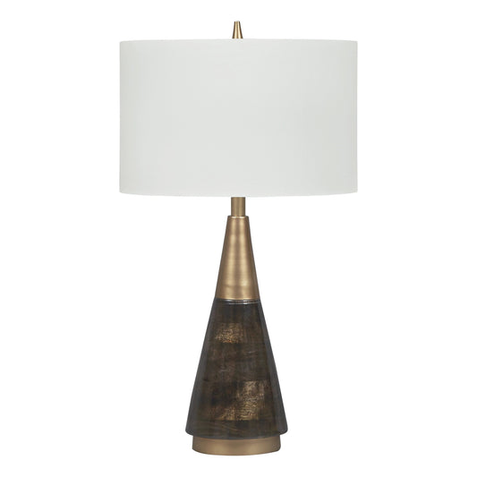 Wood and Metal Conical Base Table Lamp with Fabric Shade Brass and White