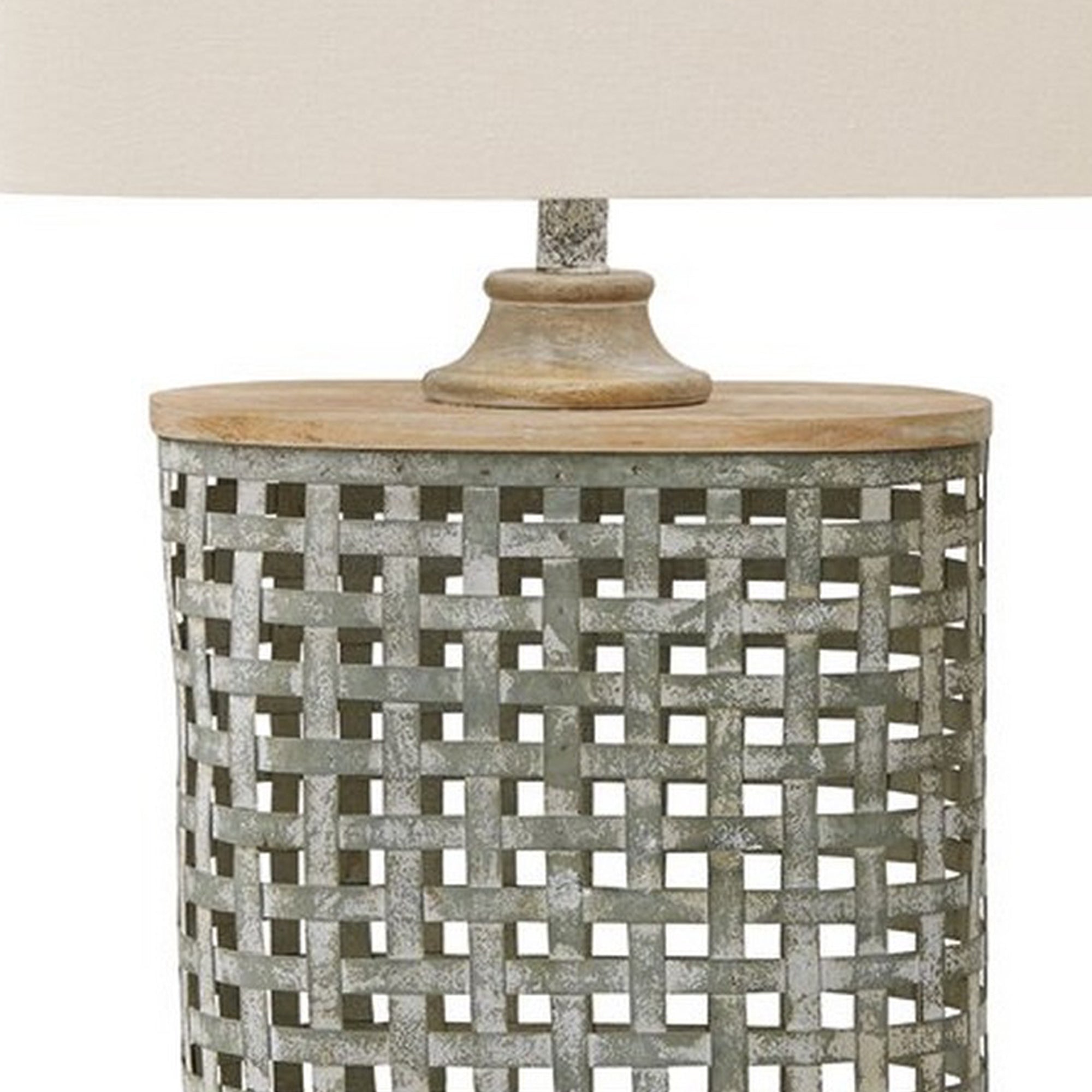 Metal Table Lamp with Lattice Design Body and Hardback Shade Gray and Beige-zoom-3