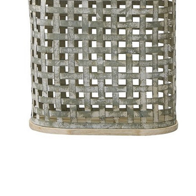 Metal Table Lamp with Lattice Design Body and Hardback Shade Gray and Beige-zoom-