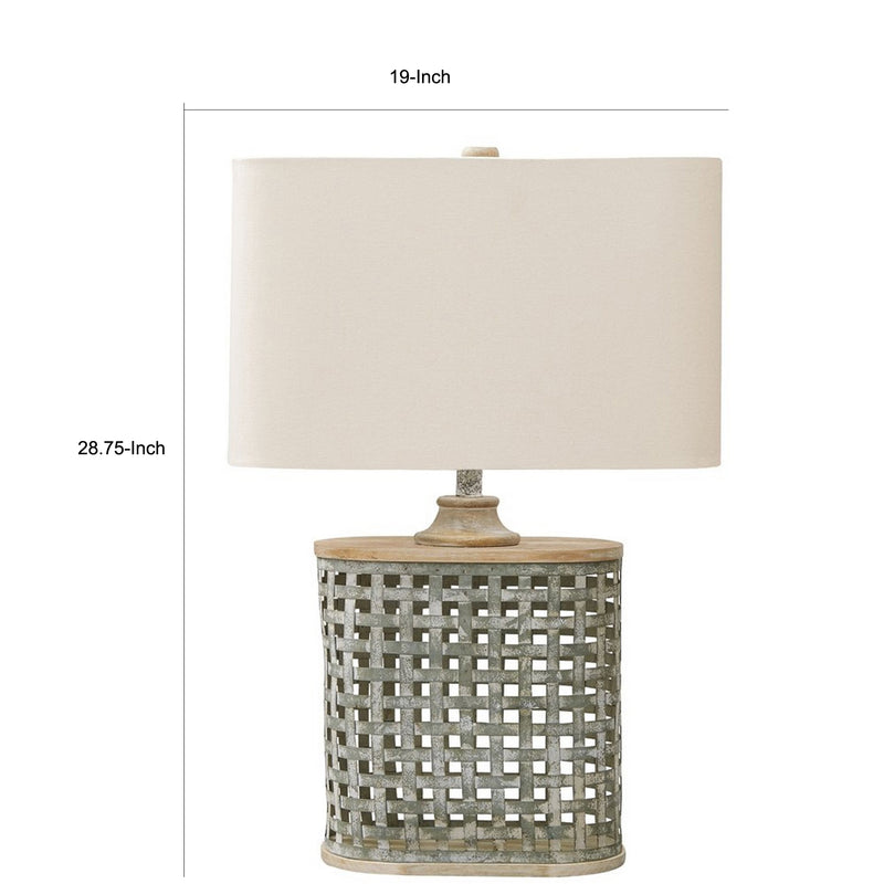 Metal Table Lamp with Lattice Design Body and Hardback Shade Gray and Beige-zoom-