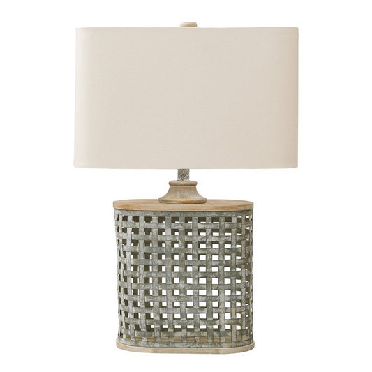 Metal Table Lamp with Lattice Design Body and Hardback Shade Gray and Beige