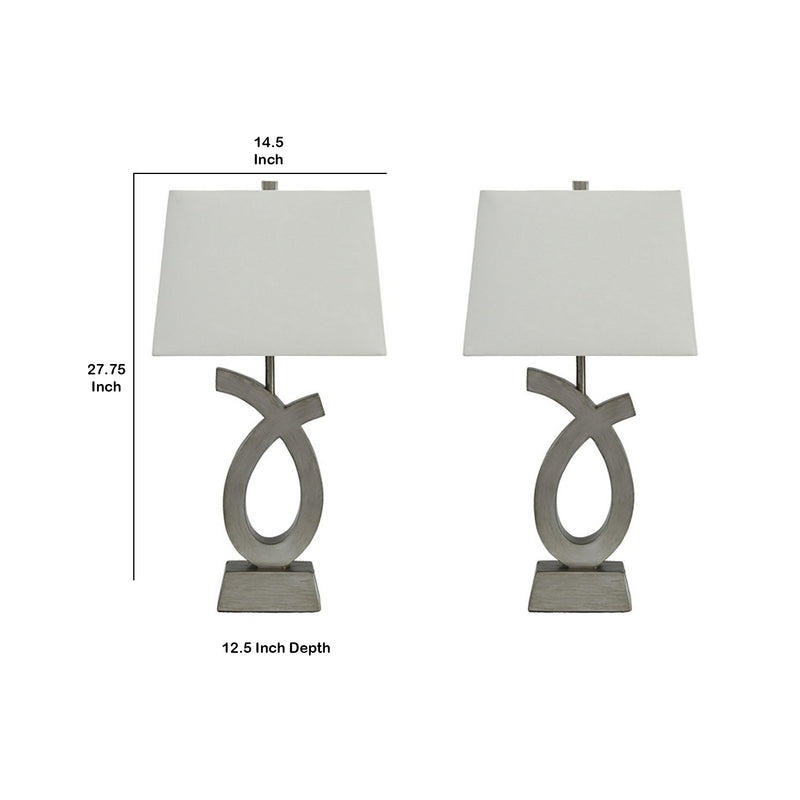 Scrolled Resin Table Lamp with Rectangular Shade Set of 2 Gray and White-zoom-