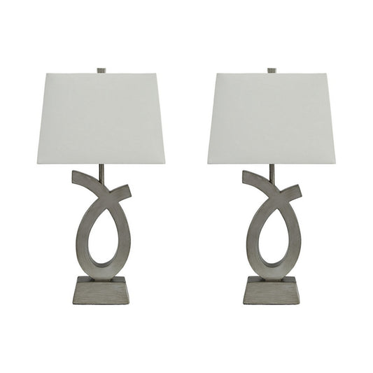 Scrolled Resin Table Lamp with Rectangular Shade Set of 2 Gray and White
