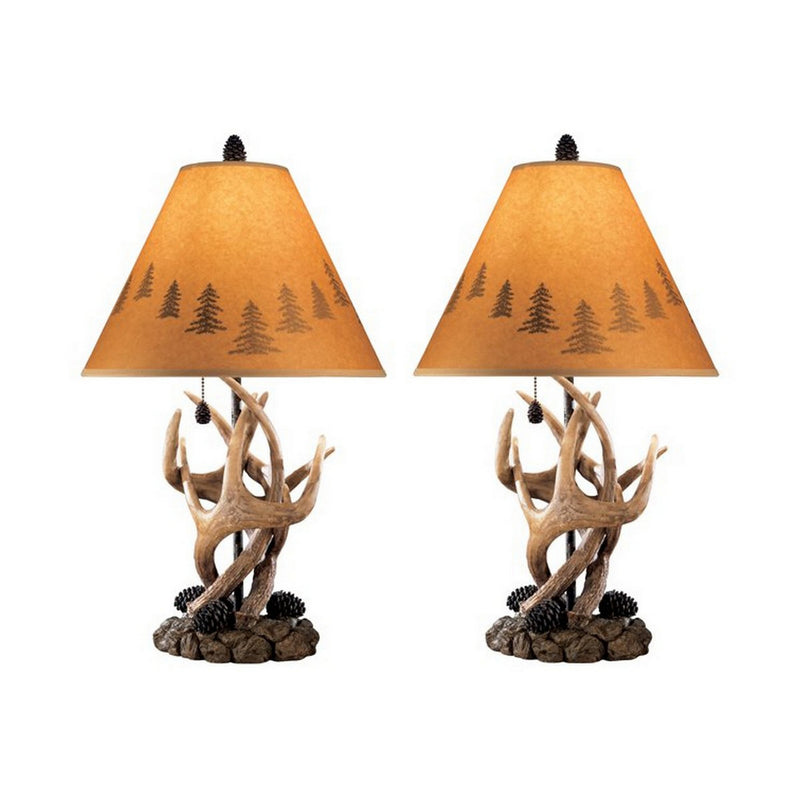 Resin Body Table Lamp with Antler and Pinecone Design Set of 2 Brown-zoom-