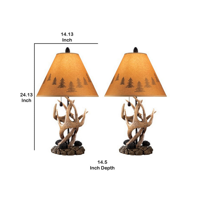 Resin Body Table Lamp with Antler and Pinecone Design Set of 2 Brown-zoom-