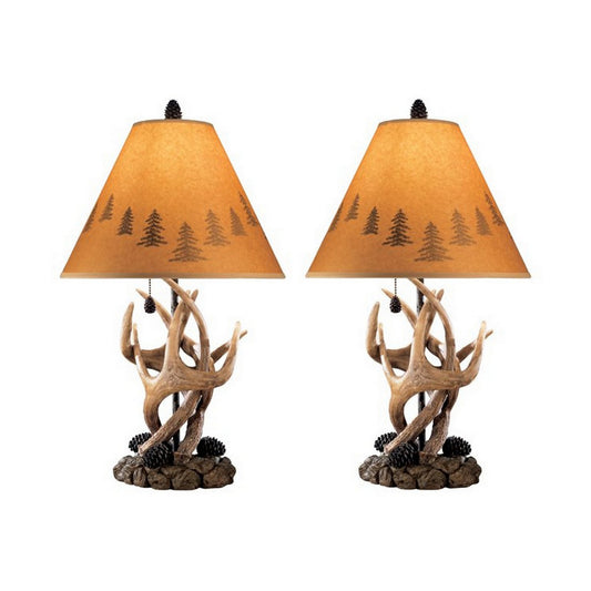 Resin Body Table Lamp with Antler and Pinecone Design Set of 2 Brown